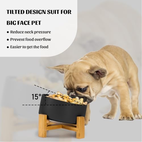 SPUNKYJUNKY 15° Slanted Ceramic Dog and Cat Bowl with Wooden Stand, Tilted Bulldog Food and Water Bowl No Slip Non-Spill for Cats Medium Dogs Big Face Pets 28.7 OZ (3.6 Cups, Black) - Image 2