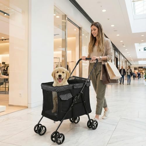 Small Polka Dot Pet Stroller - Small Dog/Cat Stroller, Pet Carrier with Wheels, Easy-Fold Compact Design, Multi-Pocket Storage, Waterproof Oxford Fabric for Pets Under 33 lbs - Image 2