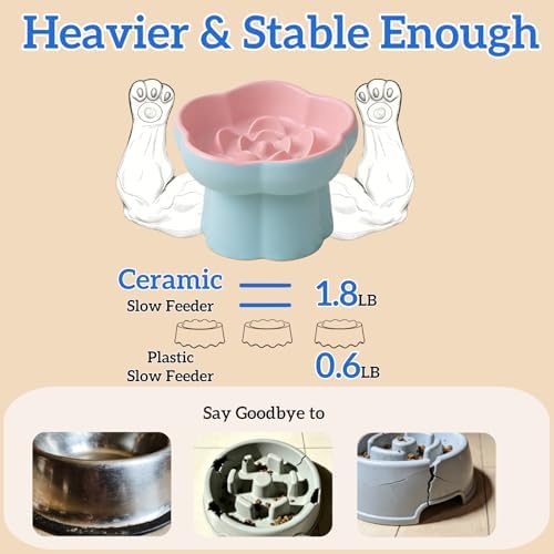 Ceramic Elevated Slow Feeder Cat Bowl,Anti Vomit Design for Whisker Fatigue Relief,Elevated Slow Feeder Bowls for Indoor Cats&Small Breeds,Perfect for Wet Food&Small Dogs (2, Green and Blue) - Image 5