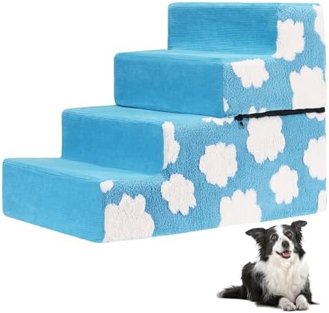 Pet Stairs for Small Dog Stairs for Sofa and Bed High Density Foam Stairs Pet Ladder with Removable Washable Cover Non-Slip Base(4 Steps Blue) by OYLZ