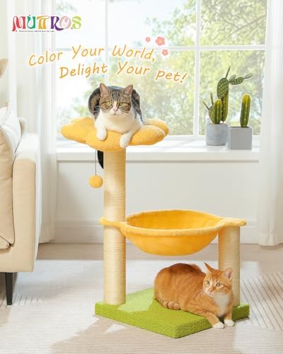 MUTTROS 28" Flower Cat Tree Cute with Flower Top Perch, Large Hammock for Indoor Small Cats, Small Cat Tower with Cute Scratching Post and Fur Toy Ball for Kittens, Yellow - Image 2