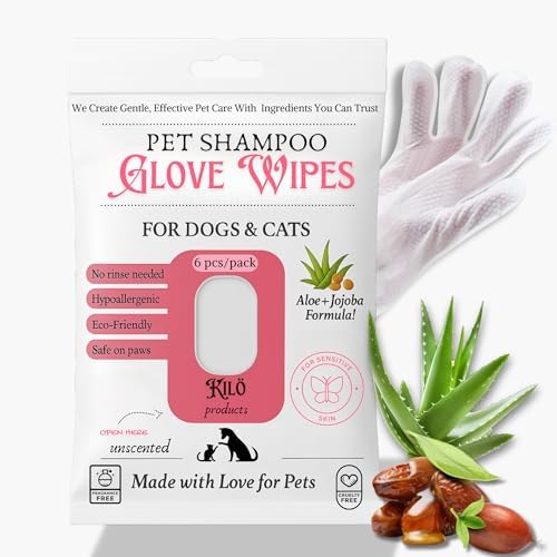 KIL Pet Shampoo Glove Wipes for Dogs & Cats - Hypoallergenic Bath Gloves with Aloe & Jojoba - No Rinse Needed - Deodorizing & Grooming - 6ct Travel Pack by KIL%C3%96