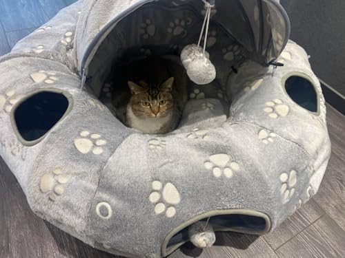 Cat Tunnel Bed, Cat Tunnels for Indoor Cats, Cat Donut Tunnel Toy with Washable Circle Cushion, Straight Shaped Tunnel, 4 Fluffy Balls, Blackout Tent, Self-Luminous Cat Toys（Grey） - Image 6