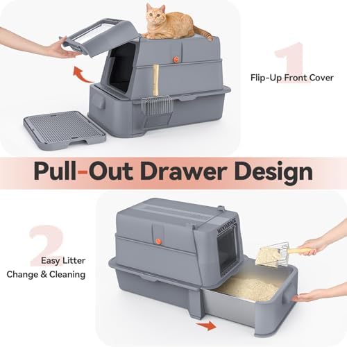 Wooaidagg Enclosed Stainless Steel Cat Litter Box with Odor Control, Modular Design with Drawer and Flip Door, Easy to Clean and Wash,Non-Stick Interior,Extra Large Size Fits All Cats(Dark Grey) - Image 2