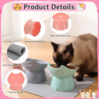 3 Pcs Elevated Cat Bowls 15°Raised Cat Food Bowl with Silicone Mat Pink - Image 5