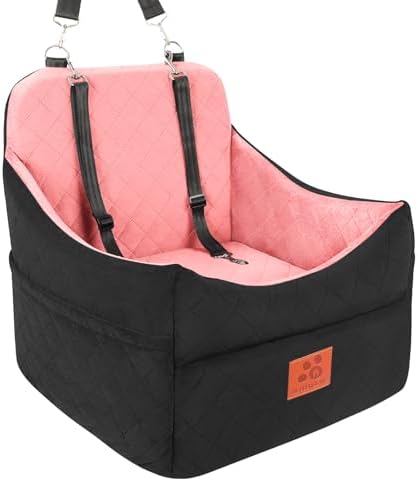 GL GLENSLAVE Dog Car Seat for Small/Medium Dogs, Dog Booster Car Seats with Thick Cushion for Dogs Under 35 lbs, Detachable Washable Pet Carseat with Storage Pockets, 2 Safety Belts(Black/Pink) by GLGLENSLAVE
