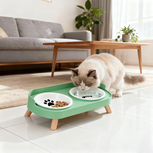 Elevated Cat Bowls, 2 Ceramic Raised Cat Food and Water Bowl Set, Prevent Cat Chin Acne, Whisker Fatigue Friendly, Splash Proof & Dishwasher Safe for Indoor Cats and Small Dogs - Green - Image 6