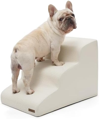 Lesure Dog Stairs for Small Dogs, Beige, 3 Step Pet Ramp for Bed and Couch by Lesure