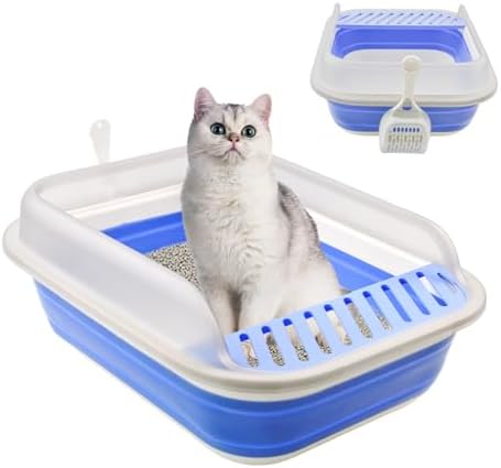 High Sided Cat Litter Box, Anti-Splashing Low Entry Cats Litter Pan with Scoop Collapsible Foldable Shallow Kitten Potty Toilet Waterproof Cat Travel Litterbox Semi-Enclosed Easy Clean(Blue) by MUYG