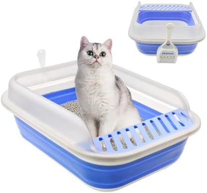 High Sided Cat Litter Box, Anti-Splashing Low Entry Cats Litter Pan with Scoop Collapsible Foldable Shallow Kitten Potty Toilet Waterproof Cat Travel Litterbox Semi-Enclosed Easy Clean(Blue) by MUYG
