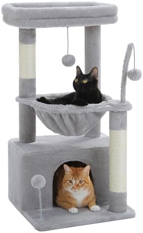 PEQULTI 4-in-1 Cat Activity Tree for Kittens & Small Cats, 33in Grey Tower by PEQULTI