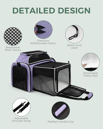 Cat Carrier Bag,Airline Approved Pet Carrier Soft Side Pet Travel 5 Sides Open Doors 4 Sides Expandable Foldable Dog Carrier with Fleece Pad(Patent Pending) Purple - Image 3
