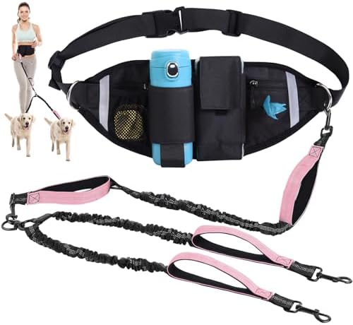 Hands Free Dog Leas, Double Waist Leash for Two Dog Walking (Pink) by Yungaspy
