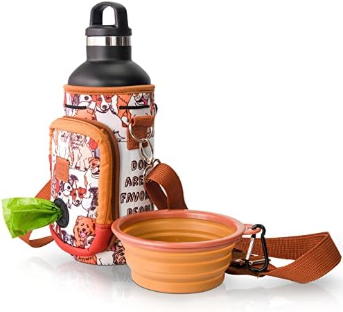 Made Easy Kit Water Bottle Carrier with Pocket for Dog Poop Waste Bags and Adjustable Padded Shoulder Strap (Large (32oz) with Bowl, Dog Lover, Brown) by MadeEasyKit