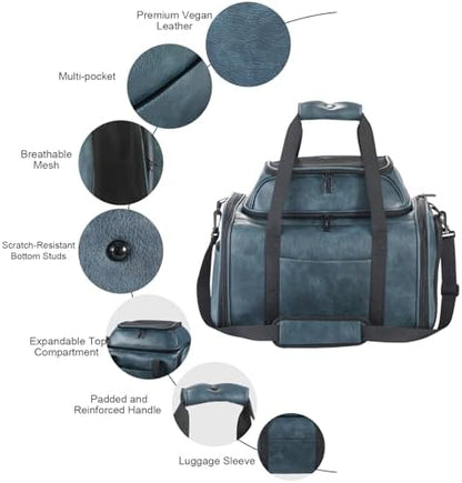 Premium Leather Top Expandable Pet Carrier for Small Dogs & Cats Under 15 lbs, Airline Approved Collapsible Soft-Sided Luxury Travel Bag Blue - Image 4