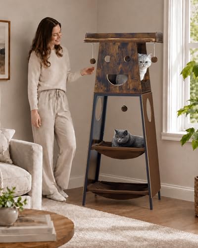56in Modern Wood Cat Tree Tower for Indoor Cats with Hammock - Image 4