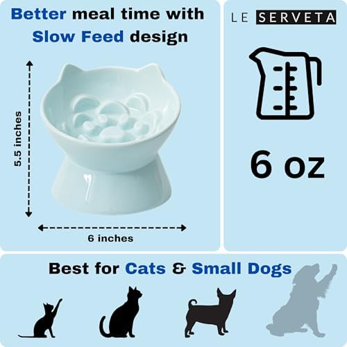 Macarons Series Ceramic Slow Feeder Cat Bowl, Raised Puzzle Feeder, Anti Vomiting Cat Slow Feeding, Elevated Food Bowl, Whisker Friendly Pet Bowl with Cute Ear Design (Blue) - Image 2