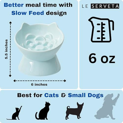 Macarons Series Ceramic Slow Feeder Cat Bowl, Raised Puzzle Feeder, Anti Vomiting Cat Slow Feeding, Elevated Food Bowl, Whisker Friendly Pet Bowl with Cute Ear Design (Blue) - Image 2