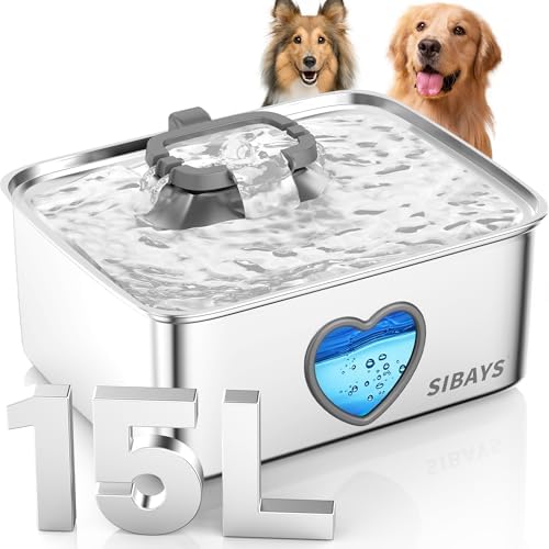 SIBAYS 15L Large Dog Water Fountain, 4 Gal Stainless Steel Pet Water Fountain for Dogs Inside, Ultra Quiet Automatic Dog Water Bowl Dispenser with Water Level Window & LED Light, Easy to Clean FS80 by SIBAYS