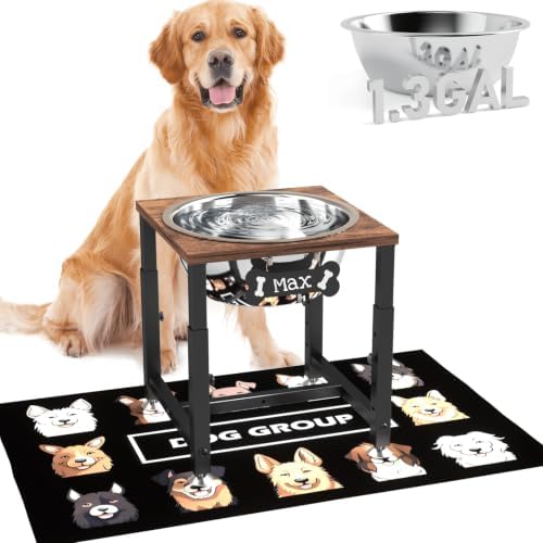 ADENGL 1.3 Gallon Elevated Dog Water Bowl Large Dogs, 4 Height Adjustable (10.5"-15") Raised Stainless Steel Bowl, Wooden Tabletop, Spill-Proof Mat & Sturdy Metal Stand, Easy Clean by ADENGL