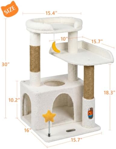 30" Kitten Cat Tower, Compact Beige Cat Tree with Condo & Perch - Image 6
