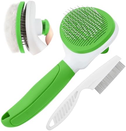 Cat Brushes for Indoor Cats, Dog Brush for Shedding with Metal Cat Comb, Self Cleaning Pet Hair Brush with Release Button for Grooming Kitten(Green) by Unknown