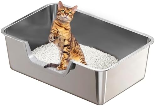 Stainless Steel Cat Litter Box, Steel Litter Pan with Curved Low Entry, Leak Proof 6 Inch High Side for Urine, Easy Entry for Kittens Older Cats, No Slip, 23.6" x 15.7" x 7.9", Silver by Unknown