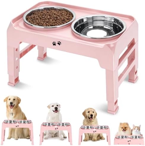 COMESOON Elevated Dog Bowls, 4 Height Adjustable Raised Bowl Stand with 2 Thick 50oz Stainless Steel Food Bowls Non-Slip Feeder Adjusts to 3.7'', 9.2'', 10.75'', 12.36'' Pink by COMESOON
