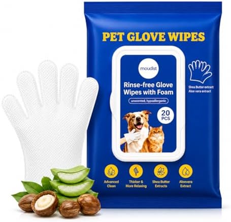 Pet Cleaning Gloves Wipes for Dogs & Cats – Disposable Grooming Gloves for Paws, Ears, Teeth & Body – Gentle & Easy No-Rinse Cleaning (20 Count) by moudist