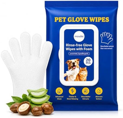 Pet Cleaning Gloves Wipes for Dogs & Cats – Disposable Grooming Gloves for Paws, Ears, Teeth & Body – Gentle & Easy No-Rinse Cleaning (20 Count) by moudist