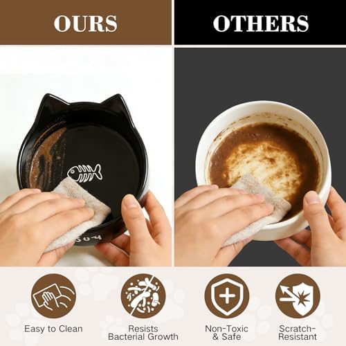 Ceramic Dog and Cat Bowl Set with Wooden Stand Elevated Non-Slip Weighted Anti-Spill Matte Finish for Cats Kittens Small Dogs-Black Cat Ear-6.76 OZ - Image 5