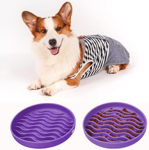 Slow Feeder Dog Bowls, Silicone Food Bowl Anti-Gulping, Pets Puppy Slow Feeder with Suction Cups, Dishwasher Microwave Safe for All Small Medium Dogs, Wave Design Purple - Image 6