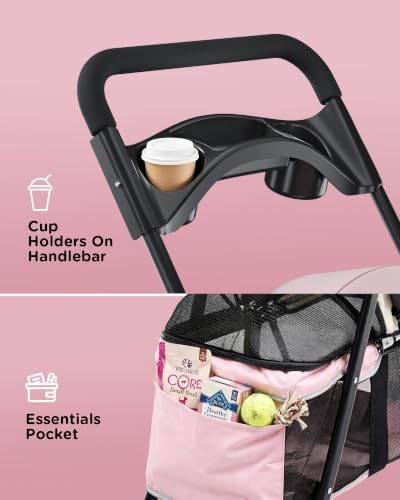 GTPLAYER Foldable Pet Stroller for Small Dogs and Cats, Holds Up to 33 lb, 4 Wheel, Full Mesh Ultra Breathable, Safety Tethers, Cup Holder & Poop Bags Included, Pink - Image 6