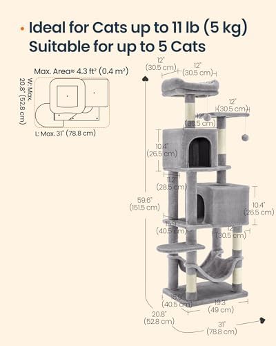 SONGMICS HOME Cat Tree for Indoor Cats, Multi-Level Cat Tower with Sisal Scratching Posts, Hammock and Condo, Light Gray - Image 6