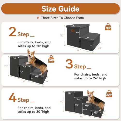 Zerbuger Dog Stairs with Storage, Dark Grey 4 Steps Dog Ramp no Condo - Image 2