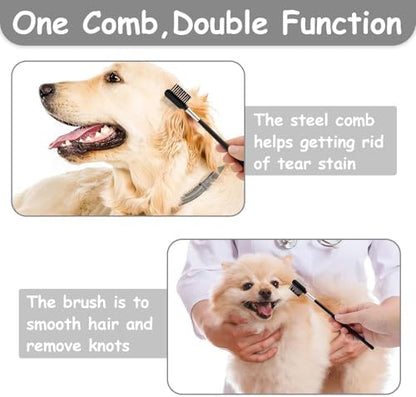 7 Pack Pets Grooming Brush Comb Kit,Double-Side Deshedding Dematting Dog Brush,Undercoat Rake for Dogs & Cats,with Metal Comb,Flea Comb,Open Knot Comb,Fine-Teeth Comb,Tear Stain Remover Comb - Image 4