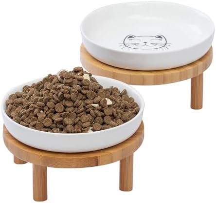 Lusifaco Shallow Wide Elevated Cat Bowls Whisker Fatigue (White, Set of 2) by MakesMealsMoreEnjoyable