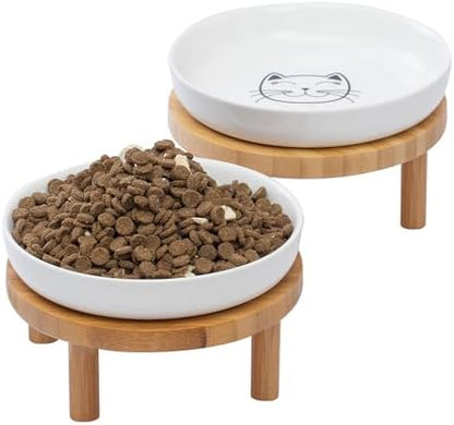 Lusifaco Shallow Wide Elevated Cat Bowls Whisker Fatigue (White, Set of 2) by MakesMealsMoreEnjoyable