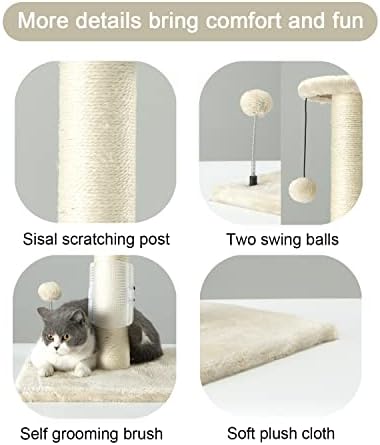 PEEKAB 32" Tall Cat Scratching Post Sisal Rope Scratch Posts with Hanging Ball and Self-Massage Brush Vertical Scratcher for Indoor Cats and Kittens(Beige 32inches) - Image 4