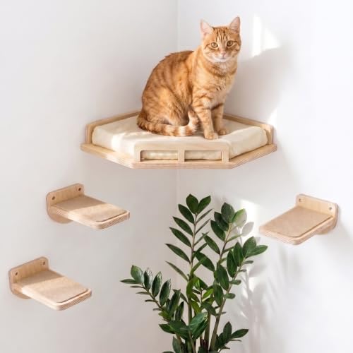 INICIO Cat Wall Shelves and Steps, 4-Piece Wooden Cat Wall Furniture Set by INICIO