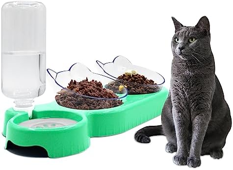 Triple Cat Bowls - 15 Tilt 3-in-1 Water Feeder Bowls with Automatic Water Bottle, Whisker Friendly Elevated Feeding Dishes for Small Cats and Puppies (Mint Green) by Y-ANNJYA