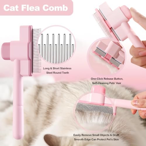 Cat Grooming Kit, 4-in-1 Cat Grooming Tools with Cats Brush, Flea Comb, Nail Clipper & Trimmer - Deshedding & Dematting for Pets Hair and Paws, Pet Shedding Set for Indoor Dogs & Cats (Pink) - Image 2
