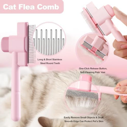 Cat Grooming Kit, 4-in-1 Cat Grooming Tools with Cats Brush, Flea Comb, Nail Clipper & Trimmer - Deshedding & Dematting for Pets Hair and Paws, Pet Shedding Set for Indoor Dogs & Cats (Pink) - Image 2