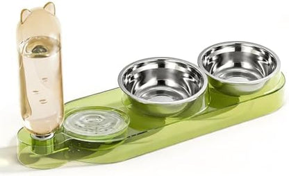 Marchul 3 in 1 Stainless Steel Cat Food and Water Bowl Set, Elevated Cat Bowls Water Dispenser, Tilted Raised 3 Pet Bowls for Indoor Cats, Small or Medium Sized Dogs（Green） by Marchul