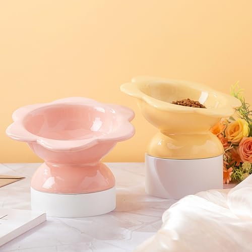 Hushee 2 Pcs Ceramic Raised Cat Bowls 7 oz Flower Shaped Cat Food Dish Stress Free on Neck and Spine Dishwasher Safe Feeding Bowls for Small Kitten - Image 5