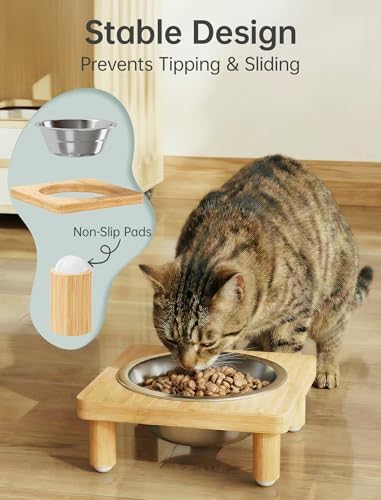 NiHome Elevated Cat Bowls with Mat, Adjustable Bamboo Stand, 2 Steel Bowls - Image 5