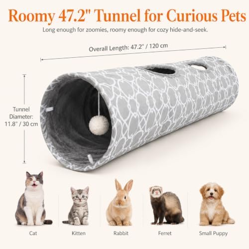 Geometric Straight Cat Tunnel with Plush Inside,Cats Toys Collapsible Tunnel Tube with Balls, for Rabbits, Kittens, Ferrets,Puppy,Diameter 11.8 Inch - Image 6