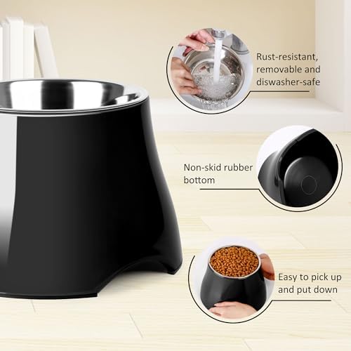 Dog Bowls,Cone Friendly Non Slip Single Dog Bowl with Stainless Steel Inner, Raised Bowls for Small Dogs Spaniel Dogs Long Ear, High Capacity, S/1 Cup Black - Image 4
