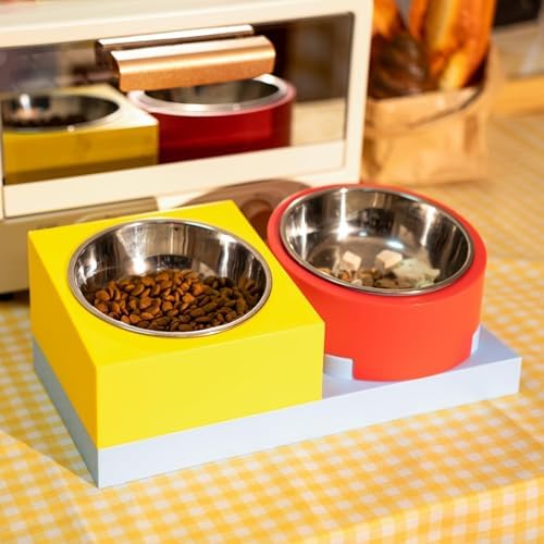Elevated Cat Bowls, Stainless Steel Puppy Food Bowls, Cute Red Raised Stand by Muzzique