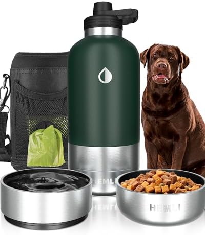 Dog Water Bottle, Insulated Dog Travel Water Bottle, Stainless Steel Pet Water Bottle Dispenser Portable Food and Water Bowl for Dogs with Carrying Case for Walking Dog Canteen Travel Kit by Hemli